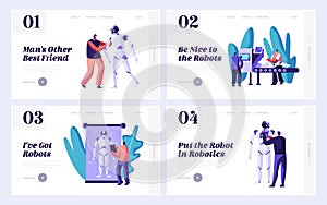 Set of Robotics Website Landing Page Template, Stages of Robots Creation. Engineering Robotics Process in Science Laboratory