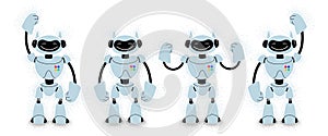 Set of robots. Cute cartoon droids on a white background with different position of hands. vector illustration in a flat style.