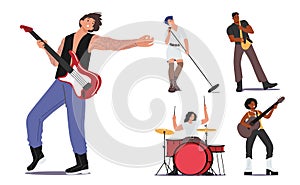 Set Rock Band Performing on Stage. Electric and Acoustic Guitarist, Drummer, Singer, Saxophone Player Artists Show