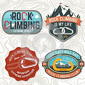 Vintage typography design with climber, carabiner and mountains