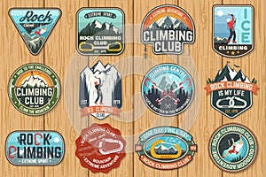 Set of Rock Climbing club badges on the wood board. Vector.