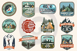 Set of Rock Climbing club and summer camp badges. Vector.