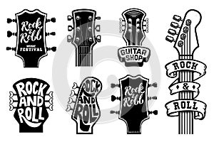 Set of rock and roll guitars necks heads with lettering. Design element for logo, emblem, card,banner, t-shirt.