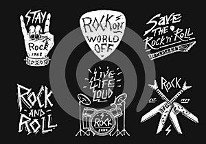 Set of Rock and Roll music symbols with Drums, Plectrum and machete. labels, logos. Heavy metal templates for design t