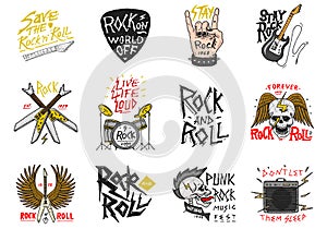 Set of Rock and Roll music symbols with Guitar Wings Skull, Drums Plectrum. labels, logos. Heavy metal templates for