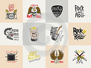Set of Rock and Roll music symbols with Guitar Wings Skull, Drums Plectrum. labels, logos. Heavy metal templates for photo