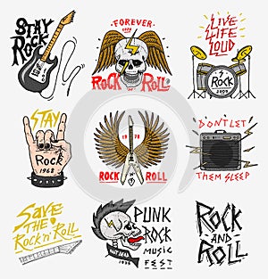 Set of Rock and Roll music symbols with Guitar Wings Skull, Drums Plectrum. labels, logos. Heavy metal templates for