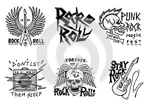 Set of Rock and Roll music symbols with Guitar, Wings and Skull. labels, logos. Heavy metal templates for design t-shirt