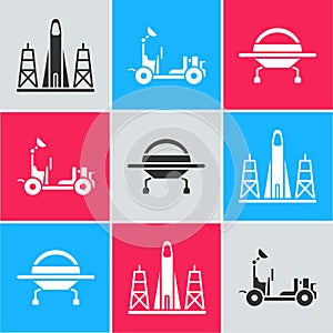 Set Rocket launch from the spaceport, Mars rover and UFO flying spaceship icon. Vector