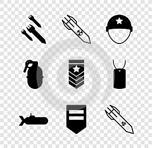 Set Rocket, Nuclear rocket, Military helmet, Submarine, Chevron, Biohazard, Hand grenade and icon. Vector