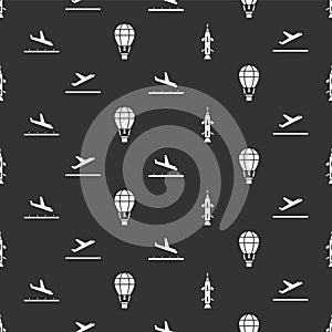 Set Rocket, Plane takeoff, Plane landing and Hot air balloon on seamless pattern. Vector.