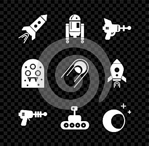 Set Rocket ship with fire, Robot, Ray gun, Mars rover, Moon and stars, Alien and Satellite icon. Vector