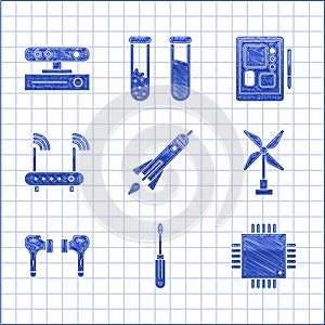 Set Rocket ship with fire, Screwdriver, Processor microcircuits CPU, Wind turbine, Air headphones, Router and wi-fi