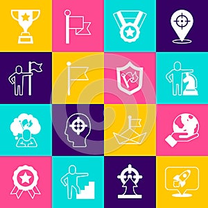 Set Rocket ship, Hand holding Earth globe, Chess, Medal, Flag, Man flag, Award cup and Shield with icon. Vector