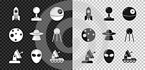 Set Rocket ship, Joystick, Death star, Satellite dish, Alien, Mars rover, Planet and UFO flying spaceship icon. Vector