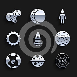 Set Rocket ship, Planet Saturn, Black hole, Venus, Earth globe, Sun, Astronaut and Asteroid icon. Vector