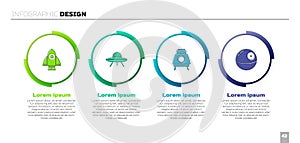 Set Rocket ship, UFO flying spaceship, Mars rover and Death star. Business infographic template. Vector