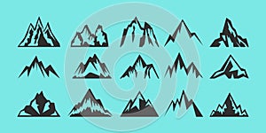 Set of rocks and mountains silhouettes for logo, icons, badges, and labels. Camping, climbing, hiking, travel and outdoor