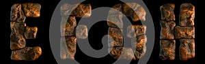 Set of rocky letters E, F, G, H. Font of stone on black background. 3d