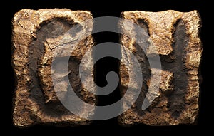 Set of rocky letters G, H. Font of stone on black background. 3d