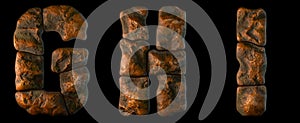 Set of rocky letters G, H, I. Font of stone on black background. 3d