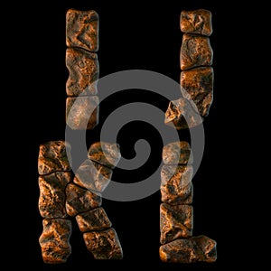 Set of rocky letters I, J, K, L. Font of stone on black background. 3d