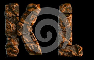 Set of rocky letters K, L. Font of stone on black background. 3d