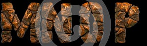 Set of rocky letters M, N, O, P. Font of stone on black background. 3d