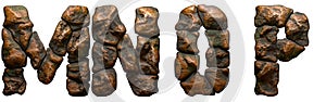 Set of rocky letters M, N, O, P. Font of stone on white background. 3d