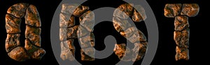 Set of rocky letters Q, R, S, T. Font of stone on black background. 3d