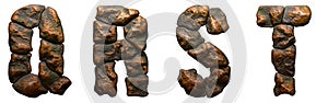 Set of rocky letters Q, R, S, T. Font of stone on white background. 3d