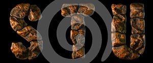 Set of rocky letters S, T, U. Font of stone on black background. 3d
