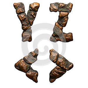 Set of rocky letters Y, Z and symbols left and right angle bracket. Font of stone on white background. 3d