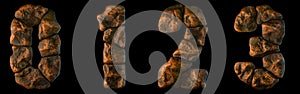 Set of rocky numbers 0, 1, 2, 3. Font of stone on black background. 3d