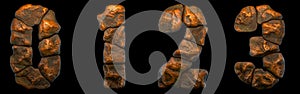 Set of rocky numbers 0, 1, 2, 3. Font of stone on black background. 3d