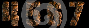 Set of rocky numbers 4, 5, 6, 7 Font of stone on black background. 3d