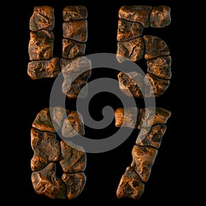 Set of rocky numbers 4, 5, 6, 7 Font of stone on black background. 3d