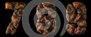Set of rocky numbers 7, 8, 9. Font of stone on black background. 3d
