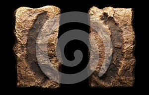 Set of rocky symbols left and right parentheses. Font of stone on black background. 3d