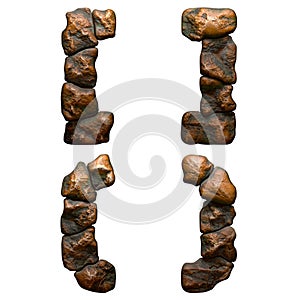 Set of rocky symbols left and right square bracket and left, right parentheses . Font of stone on white background. 3d