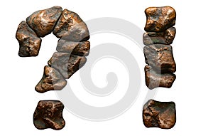 Set of rocky symbols question mark and exclamation mark. Font of stone on white background. 3d