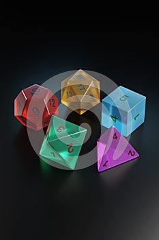 Set of roleplaying dice in the shape of platonic solids. 3d illustration