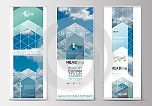 Set of roll up banner stands, blue flat design templates, abstract geometric style