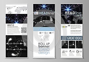 Set of roll up banner stands, flat design templates, abstract geometric style, corporate vertical vector flyers, flag