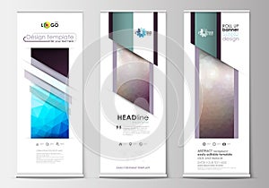 Set of roll up banner stands, flat design templates, geometric style, business concept, corporate vertical vector flyers