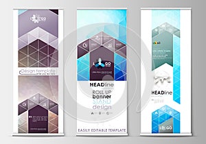 Set of roll up banner stands, flat design templates, geometric style, business concept, corporate vertical vector flyers