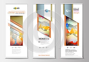Set of roll up banner stands, flat templates, geometric style, modern business concept, corporate vertical flyers