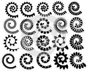 Set rolled flowers. Collection rolled paper flower. Black white vector illustration for scrapbooking. Plotter cutting