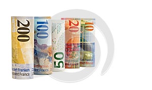 Set of rolled swiss franc banknotes