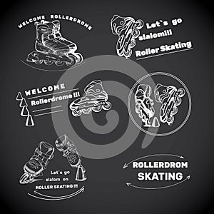 set for Roller Skates with text. Hand drawn logos, labels of ch